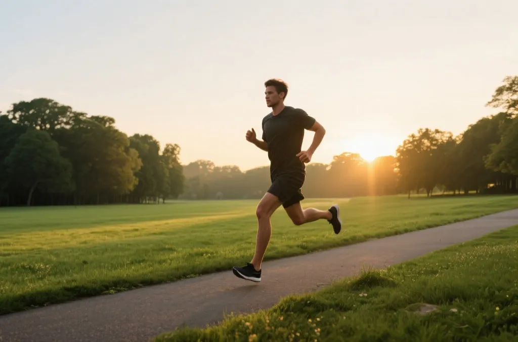 An outdoor runner jogging on a scenic green path during sunrise, representing self-discipline and healthy habits